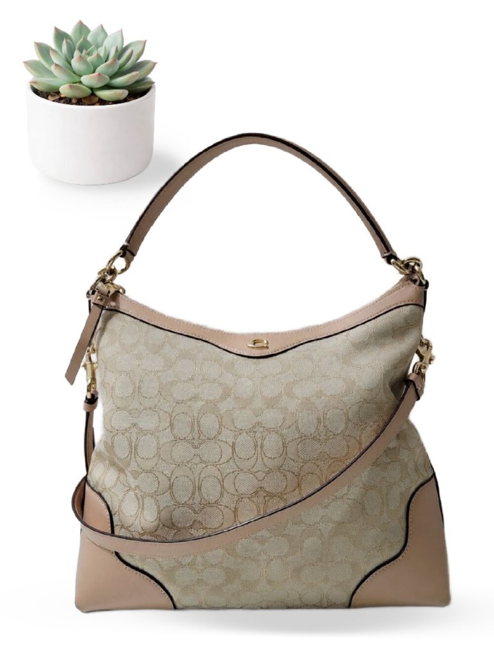 Coach Ivie Hobo Signature Jacquard Bag Light Khaki Beechwood Leather F34824